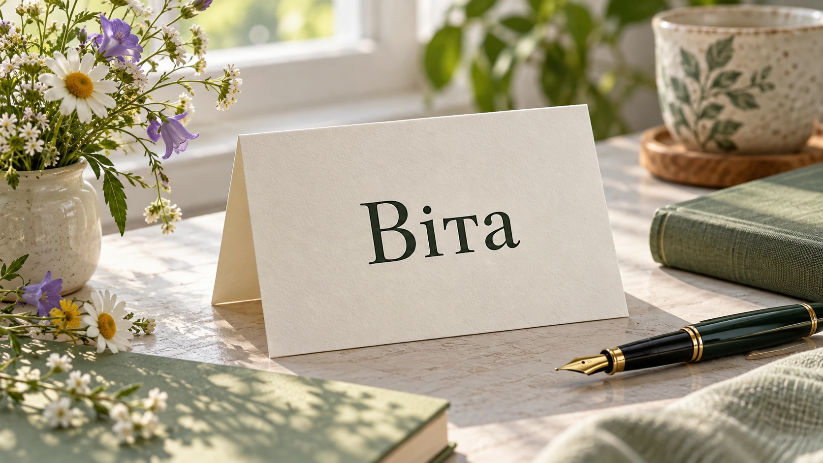 Ілюстрація листівки з ім’ям «Віта» на світлому столі поруч із квітами та ручкою